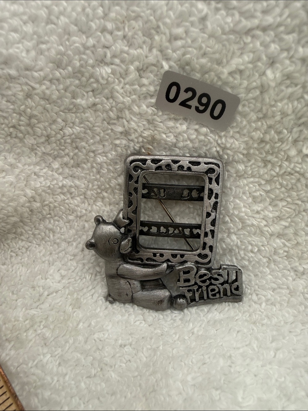 Best Friend Teddy Bear Silver-Tone Brooch with Frame Accent (pewter?)
